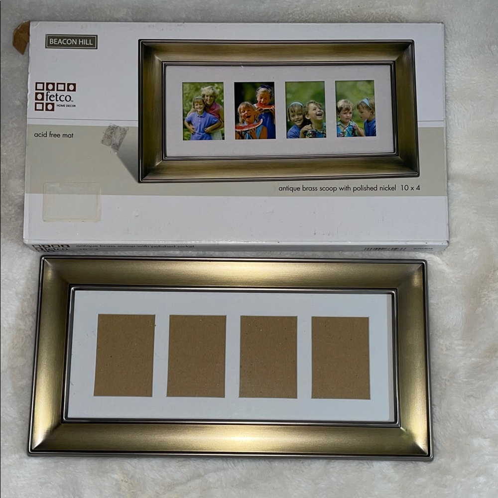 Fetco frame holds (4) 2” x 3” photos, antique brass w/polished nickel-new in box